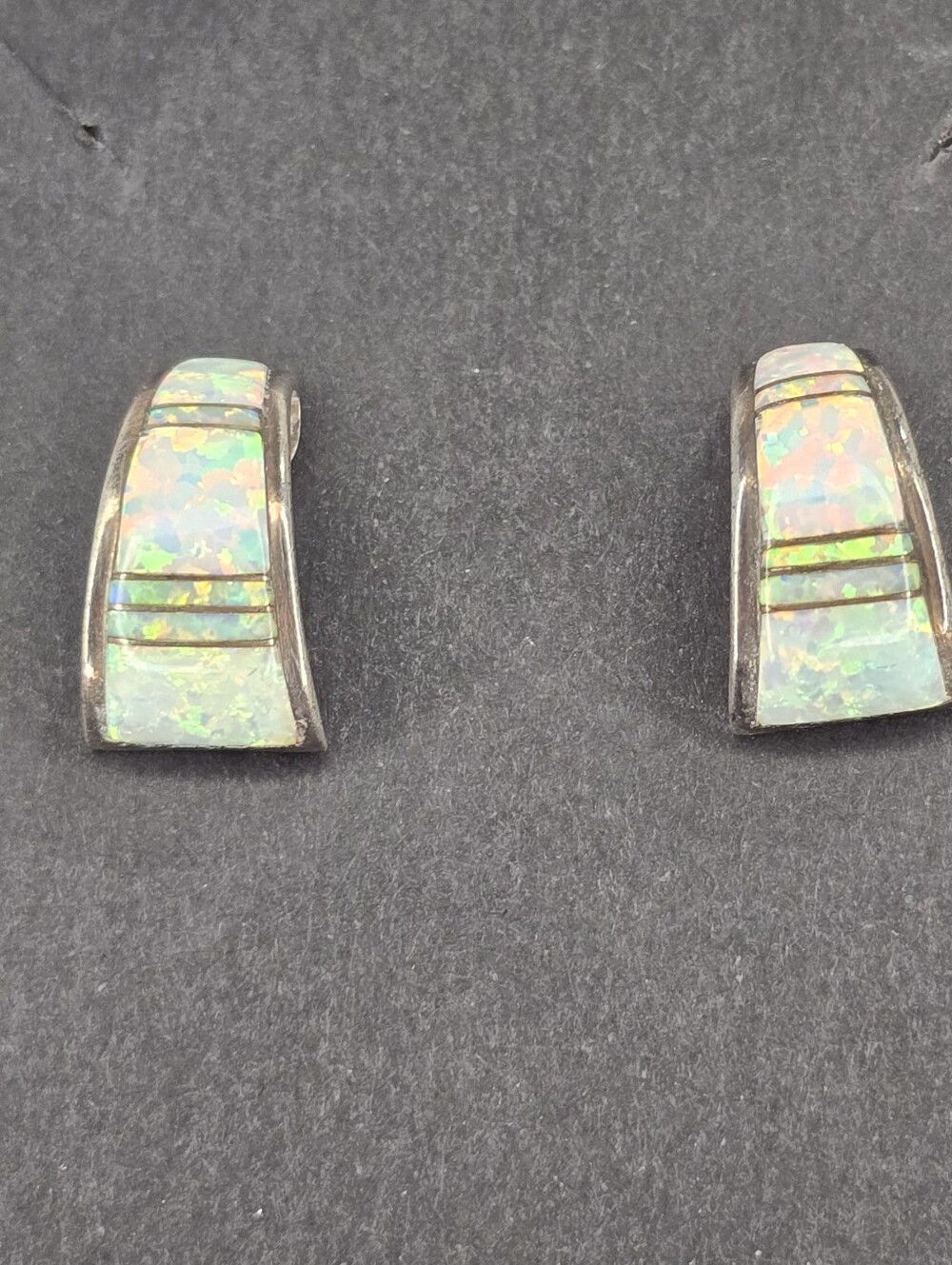 Native American Signed 'PH' Sterling Silver Opal Inlay Half Hoops .65 Inches